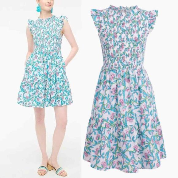J. Crew Floral Flutter Sleeve Smock Mini Dress Size L - Picture 2 of 9